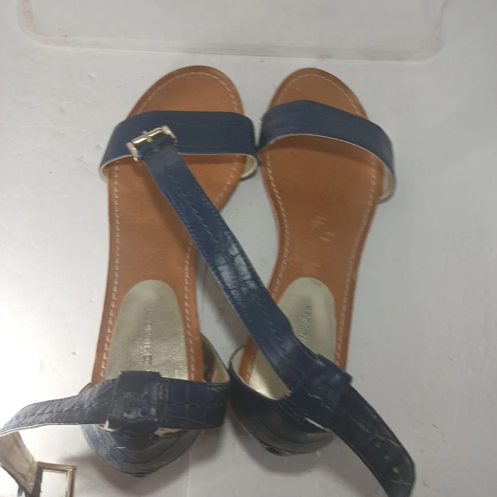 Tommy Hilfiger Wedge Sandals 9.5 Navy Blue Croc Embossed Ankle Strap TWMOLINA2-T